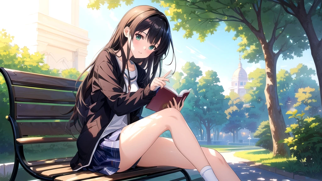 ((Highest quality)), ((masterpiece)), (detailed),(High resolution:1.2),(Anime girl sitting on a bench reading a book), artwork in the style of Gwaiz, Gwaiz, Anime Moe Art Style, Young Anime Girl, makoto shinkai. Digital Rendering, Gwaiz on pixiv artstation, Gwaiz on artstation pixiv, Cute girl anime visuals, Beautiful anime portraits, In anime style