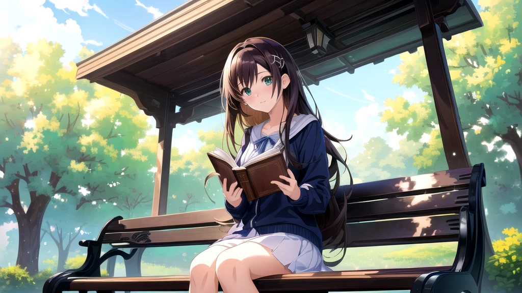 ((Highest quality)), ((masterpiece)), (detailed),(High resolution:1.2),(Anime girl sitting on a bench reading a book), artwork in the style of Gwaiz, Gwaiz, Anime Moe Art Style, Young Anime Girl, makoto shinkai. Digital Rendering, Gwaiz on pixiv artstation, Gwaiz on artstation pixiv, Cute girl anime visuals, Beautiful anime portraits, In anime style