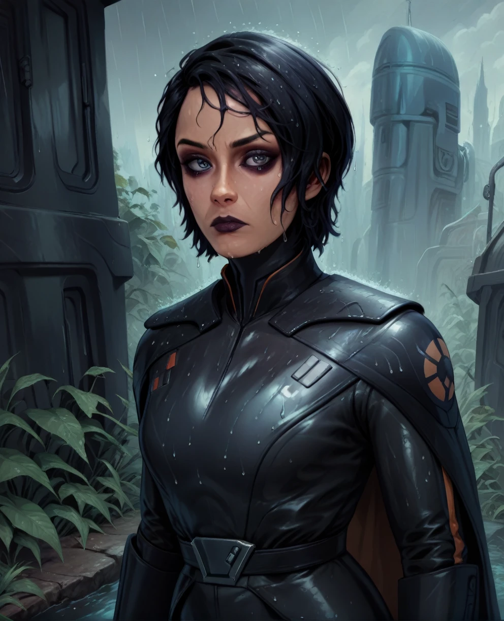 score_9,score_8_up,score_7_up,score_6_up, sabine wren ,,black hair, upper body, wet, armor,gloves,black bodysuit,black cape,belt,rain, science fiction,sith base, star wars, outdoors, rain, solo,fflixbag wearing armor sabine wren