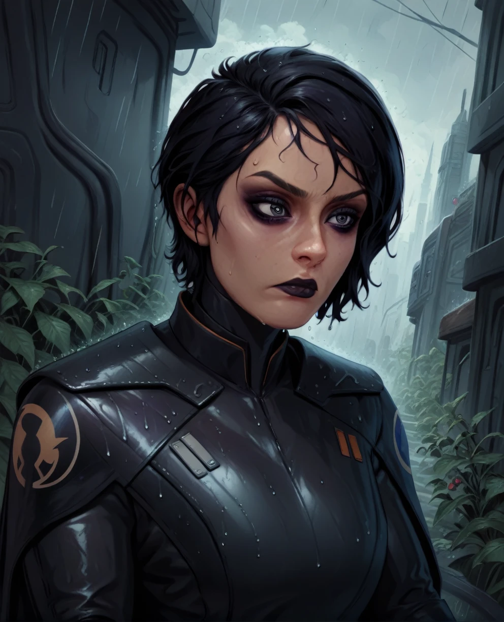 score_9,score_8_up,score_7_up,score_6_up, sabine wren ,,black hair, upper body, wet, armor,gloves,black bodysuit,black cape,belt,rain, science fiction,sith base, star wars, outdoors, rain, solo,fflixbag wearing armor sabine wren