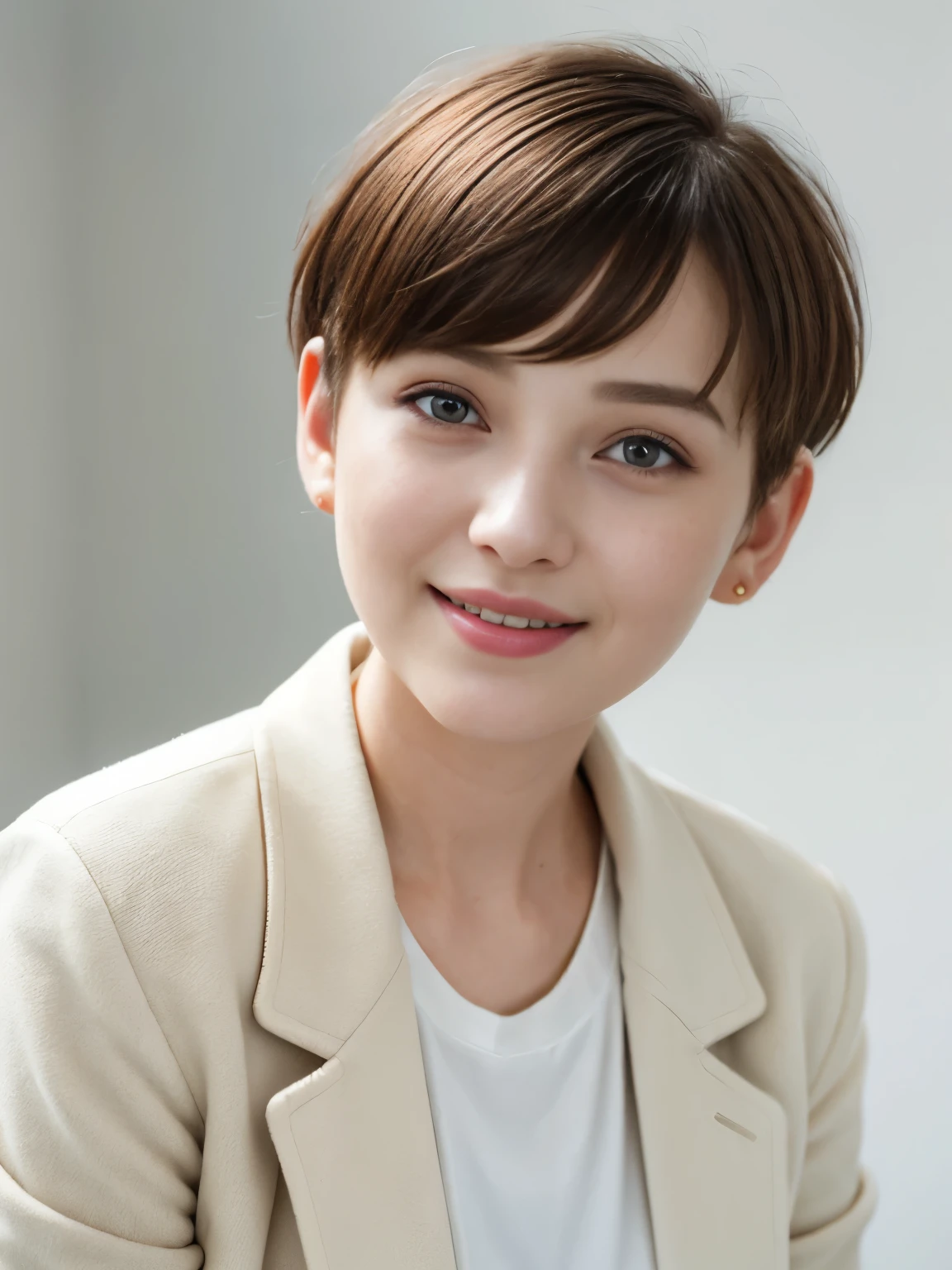 realistic light,natural light,white background,최고 quality、8 thousand、32,000、masterpiece、uhd:1.2) quality, primitive photorealism, laugh, Beautiful girl, cute, Short hair, depth of field, high resolution, ultra detail, Highly detailed eyes and face,small eyes,Short hair,short cut,short hair,Ivory Jacket