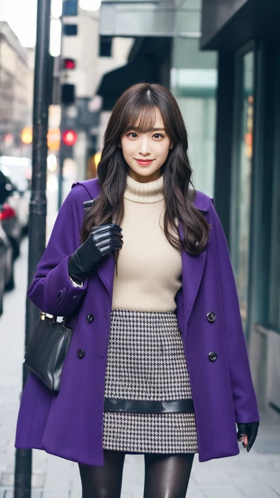 Outdoor,A girl wearing an elegant dark violet long coat,Knit top and houndstooth mini skirt,pumps,Full body standing street photography,Confident face,Shiny long hair,Idol Instagram photos.Skin Color Pantyhose,Wearing black leather gloves on both hands