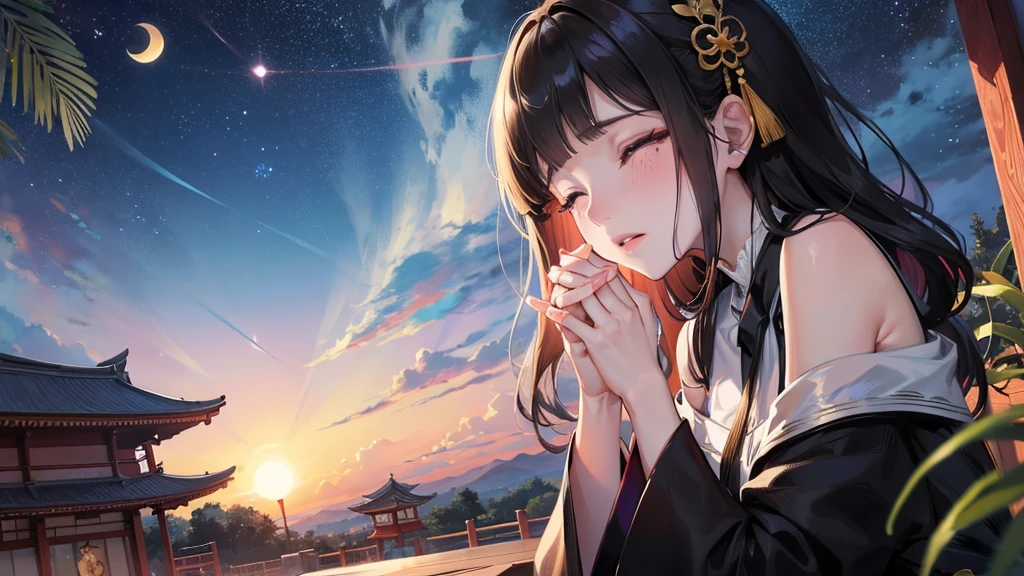 panoramic, low angle, (Memorial ,style) (Pressing palms together in prayer, looking at sky) (in a lady Mourning Costume), break, (solo:2, 15 yo, blunt bangs:1.2 black hair long hair girl, sad closed eyes, tears of eyes), (praying to Grandmother), in the night Dazaifu Tenmangu Shrine Memorial Tower rooftop, (background Lifestream Covering the night sky and Galaxy), BREAK, perfect anatomy, masterpiece, best quality, 16k, beautiful detailed lifestream, daydreaming expression.