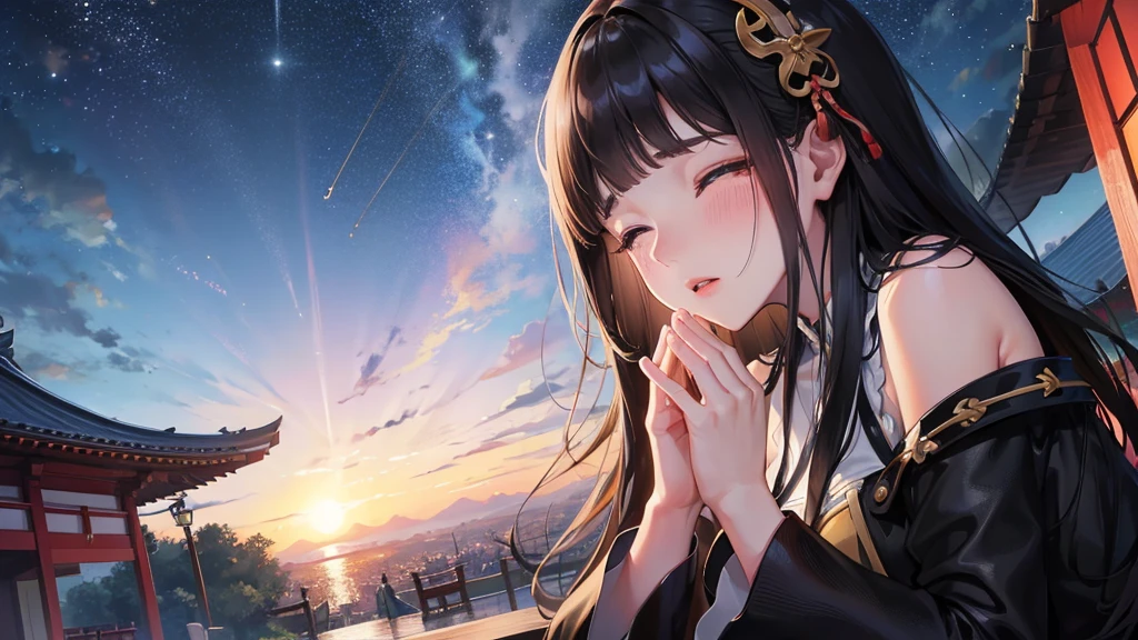 panoramic, low angle, (Memorial ,style) (Pressing palms together in prayer, looking at sky) (in a lady Mourning Costume), break, (solo:2, 15 yo, blunt bangs:1.2 black hair long hair girl, sad closed eyes, tears of eyes), (praying to Grandmother), in the night Dazaifu Tenmangu Shrine Memorial Tower rooftop, (background Lifestream Covering the night sky and Galaxy), BREAK, perfect anatomy, masterpiece, best quality, 16k, beautiful detailed lifestream, daydreaming expression.