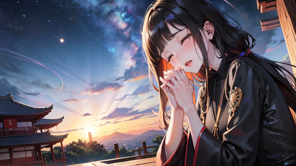 panoramic, low angle, (Memorial ,style) (Pressing palms together in prayer, looking at sky) (in a lady Mourning Costume), break, (solo:2, 15 yo, blunt bangs:1.2 black hair long hair girl, sad closed eyes, tears of eyes), (praying to Grandmother), in the night Dazaifu Tenmangu Shrine Memorial Tower rooftop, (background Lifestream Covering the night sky and Galaxy), BREAK, perfect anatomy, masterpiece, best quality, 16k, beautiful detailed lifestream, daydreaming expression.