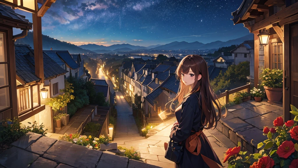 masterpiece,Highest quality,One girl,Hair color is brown,semi-long, Kind eyes,Gradient Hair,countryside,Cityscape,Flowers and plants,ht空,scenery,nigLight perception