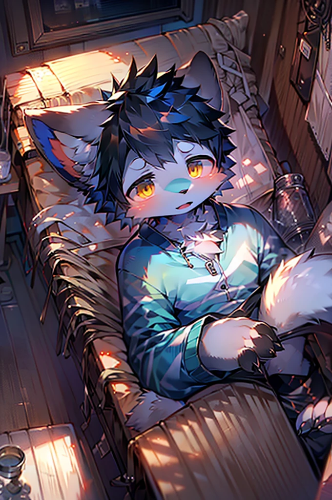 eyes with brightness, full room view, Character focus ,Full body like,独奏,solo person, Correct human anatomy。male people,One blue and one yellow eye,A pair of dragon wings, Gray hair(The long),Wear white ear headphones,There is a pair on the forehead(small nipple)Blue horn fluorescence,There was a boy by his side,In the room,onbed,Take control of the magic,Ice floating all around,grey shorts,pyjamas,Sleepy eyes,Young style,Height one meter seven,Handsome, There is a wolf tail,k hd,8K,1440*2048
