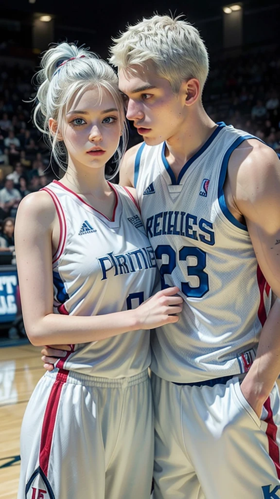 female teenager with white hair up , light blue eyes and white skin, basketball player holding his partner 