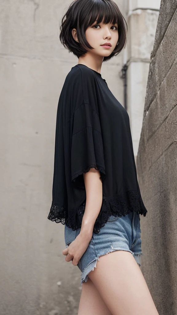 Landscape,Raise your arms,Emphasize the sides,(Highest quality, Very detailed, masterpiece:1.2), 1 women, Very thin body, length, Thin legs, ((Black wavy short layered cut hair hair:1.2)), ((Thick and fluffy bangs)), Very detailedな,((Over Size Tシャツ))