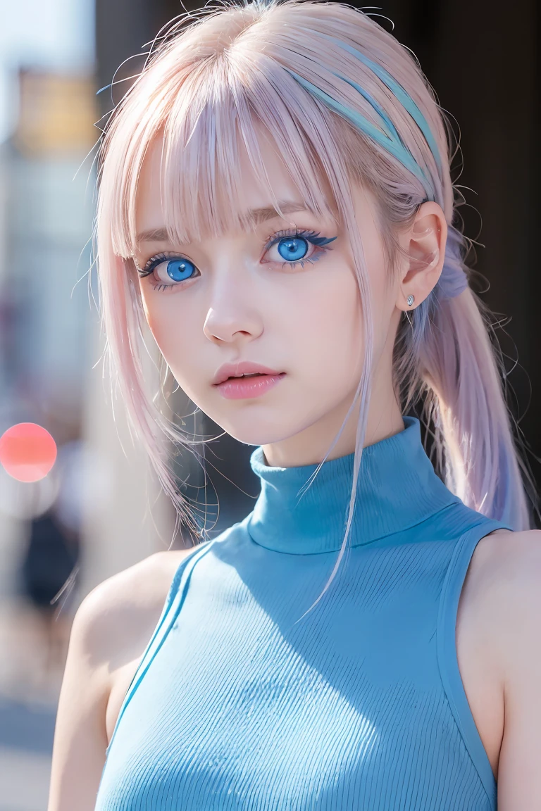 ((1 Girl)), Latest Fashion Trends, Street fashion,cute, Medium Chest, Low Ponytail,sit,((Very detailed,Highest quality, High resolution, 8k wallpaper, Beautiful clothes,)),((Pastel colored hair, Shortcuts,Side Up, ((Asymmetrical bangs)) ,(Bright Blue Eyes),eye shadow, eyeliner,Glowing Eyes, Very detailed目, Complex eyes, Beautiful Eyes, 輝くBright Blue Eyes, 18-year-old girl
