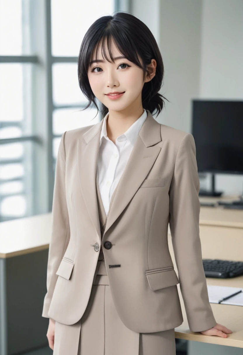 A realistic and high-quality full-body shot of a young Japanese woman, 26 years old, with black wavy hair, wearing a recruit suit, working in an office, with big eyes, blushing face, smiling, with very detailed facial and skin texture, healthy skin, in 8K resolution
