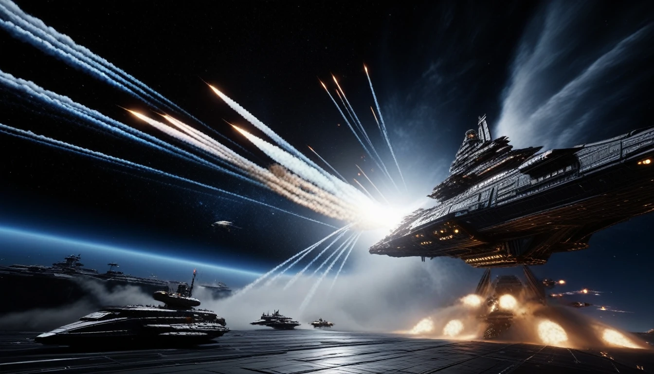 Ultra-realism, ((Masterpiece)), ((Best Quality)), (Very Detailed), ((Very Detailed)), 4K, (8K), very aesthetic, absurdres highres, A space war unfolds in the pitch-black unknown of space. The battle takes place in outer space, dotted with planets large and small, set against a jet-black background as giant spaceships battle fiercely while emitting flashes of beam cannons and smoke trails from missiles. The light trail of the beam cannon is tinged with energy waves, and the smoke trail has the power to distort space.A huge spaceship battleship with a comet and a distant galaxy shining in the background.
