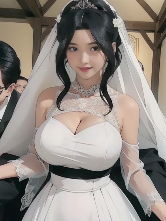 (((Full and soft breasts,)))(((huge乳房)))((((Cleavage)))))) (Perfect curvy figure)miss((20 years old)), hair((Black)), Eye((smart Eye, Black)), clothing((White lace, 白色Wedding dress, Wedding dress)), hair bun, Headdress, veil, bouquet, huge , Large Breasts, Smile, Korean Makeup, Heavy makeup, white church, Church Wedding,