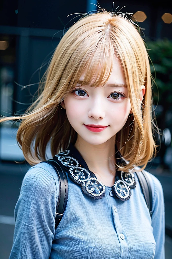 (8K, Raw photo:1.2), Detailed face and eyes,Best Quality, 超A high resolution, Highly detailed ,intricate detailes ,masutepiece ,Cute Girl , smiling, Soft cinematic light, Hyper-detailing,Sharp Focus, High quality, Blonde hair, bob cuts, The background is blue sky, Blurred Background, Particles of light, Strong winds,