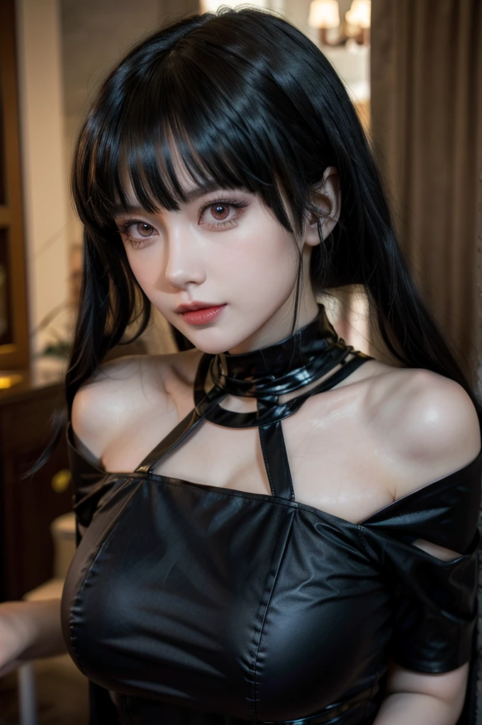 Yor from spy x family, realistic, age 25, pure white skin, dark red pupils, black long hair, black assassin dress, perfect face, perfect shape body, large breasts, clothes covered upper body, 3d .