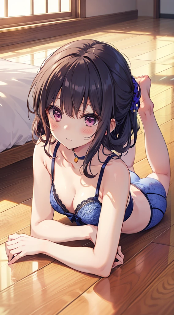 quality、on the table、1 girl、 Honey、In underwear、Dark blue underwear、plum bossom、Disgusting body、lie on the floor、Close Range、Blush、Shang Ming、Stare at this、Cute anime illustrations、