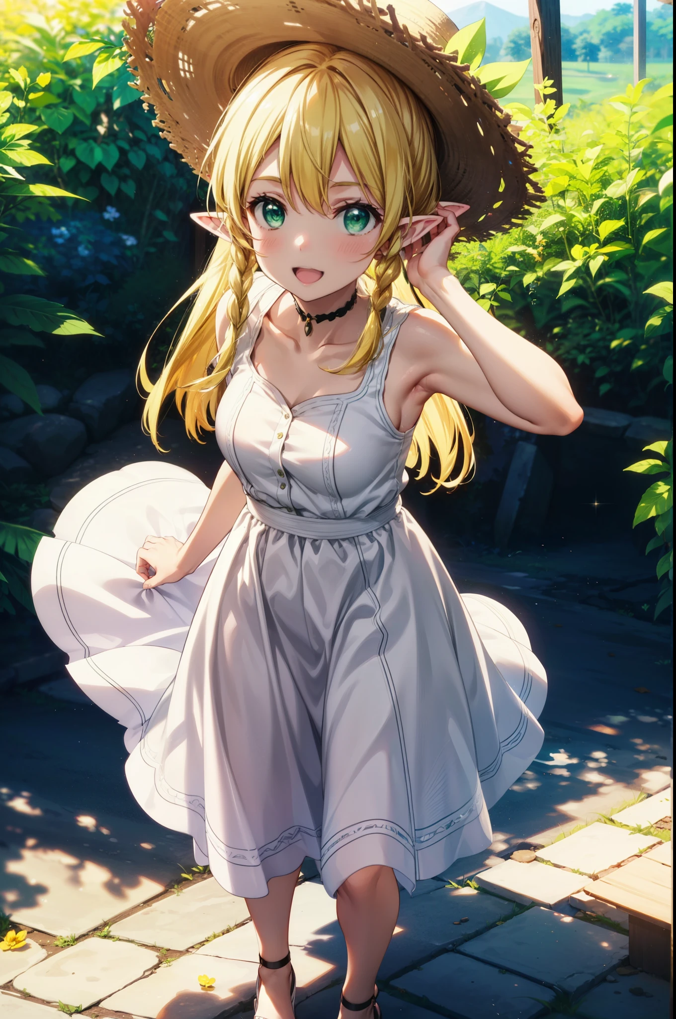 Suguhakirigaya, Suguhakirigaya, Long Hair,Blonde,Green Eyes,Pointy Ears,Short braids,happy smile, smile, Open your mouth,White straw hat,White sleeveless dress, bare arms,Green long skirt,Cute Sandals,Walking,Clear skies,whole bodyがイラストに入るように,
break outdoors, nature, forest,
break looking at viewer, whole body,
break (masterpiece:1.2), Highest quality, High resolution, unity 8k wallpaper, (shape:0.8), (Beautiful attention to detail:1.6), Highly detailed face, Perfect lighting, Extremely detailed CG, (Perfect hands, Perfect Anatomy),