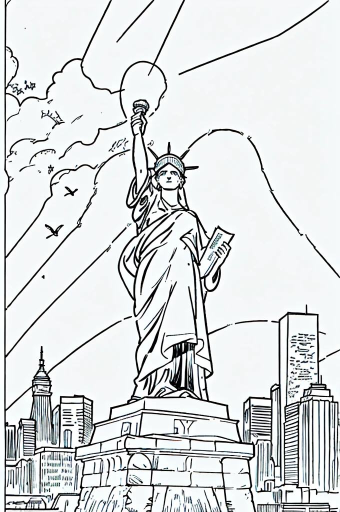 illustration, day time, bright colors. statue of liberty and city sky line, ultra detailed, vector style, photo realistic