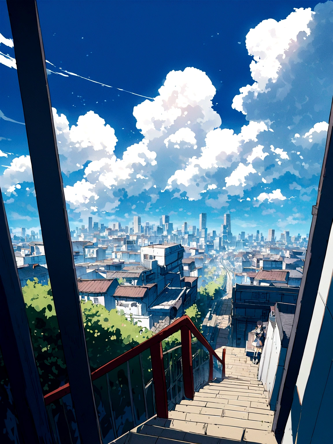 a picture taken from a high angle of a stairway leading to a city, an anime drawing by Makoto Shinkai, trending on pixiv, serial art, beautiful anime scene, style of makoto shinkai, tokyo anime scene, makoto shinkai. —h 2160, ( ( makoto shinkai ) ), beautiful anime scenery
