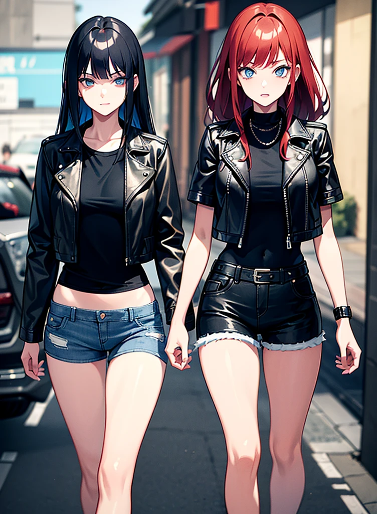 Two young girls, a young red-haired girl with blue eyes wearing a black leather jacket and a short white shirt with short blue denim shorts, and the second girl, a young girl with long black hair, blue eyes, a black leather jacket and a black shirt with short blue denim shorts., walking, dos chicas walking, chatting, chicas chatting