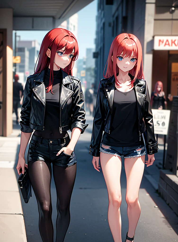 Two young girls, a young red-haired girl with blue eyes wearing a black leather jacket and a short white shirt with short blue denim shorts, and the second girl, a young girl with long black hair, blue eyes, a black leather jacket and a black shirt with short blue denim shorts., walking, dos chicas walking, chatting, chicas chatting