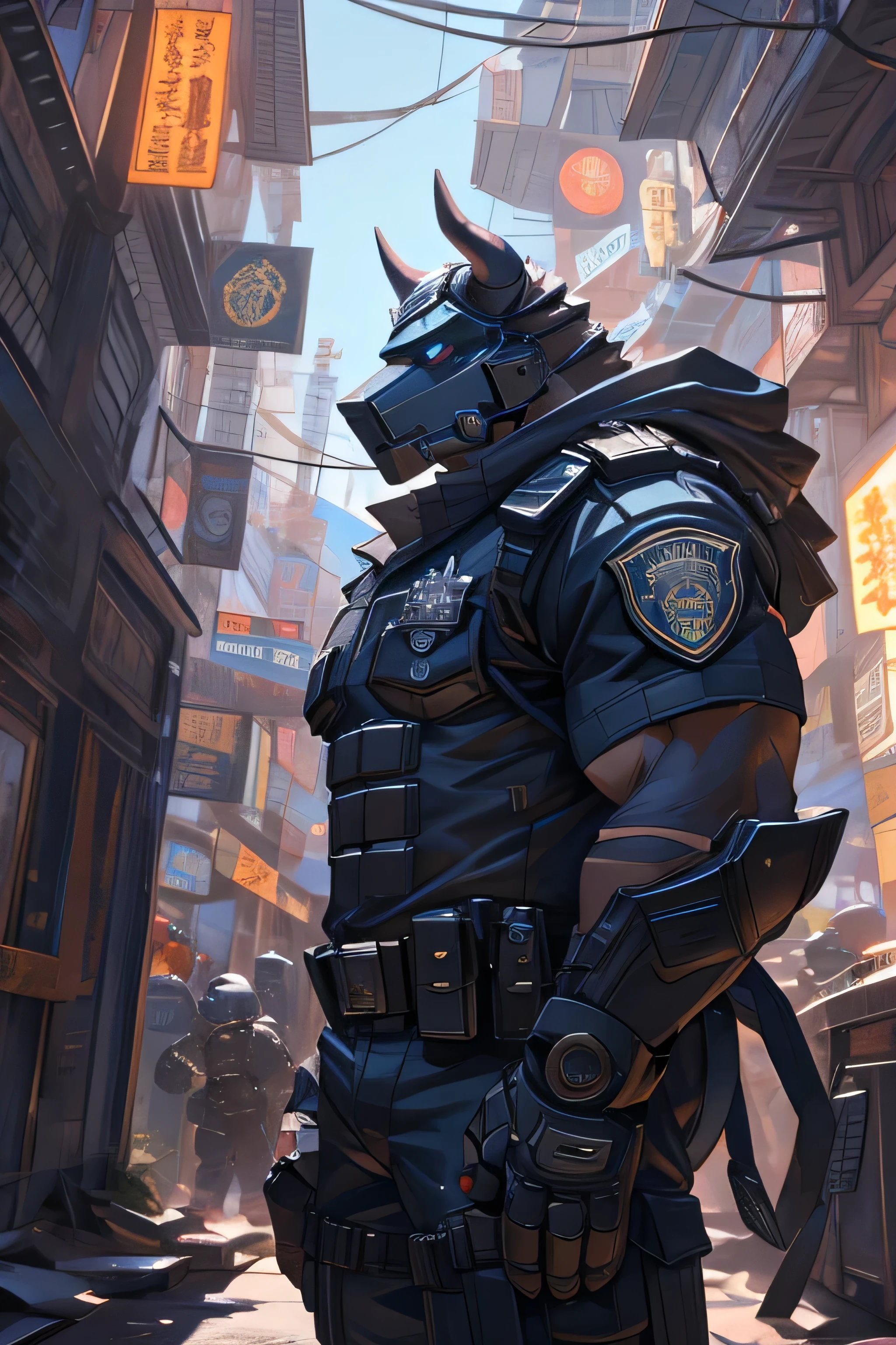 ( masterpiece, Highest quality, High resolution, Deeply drawn boundaries, 8K, Super detailed), (Detailed face:1.2, Detailed eyes), Bull, male , Muscular, Armed riot police, alone, Cybernetics, Skin-tight suits, Machine Mask, White suit, cyber punk, Streetscape,ruins, Slam, Daytime, Power Armor, Ballistic Shield, Side view, Featureless crotch, Cow's tail, Drum on fire, Cyborg eyes, He is glaring
