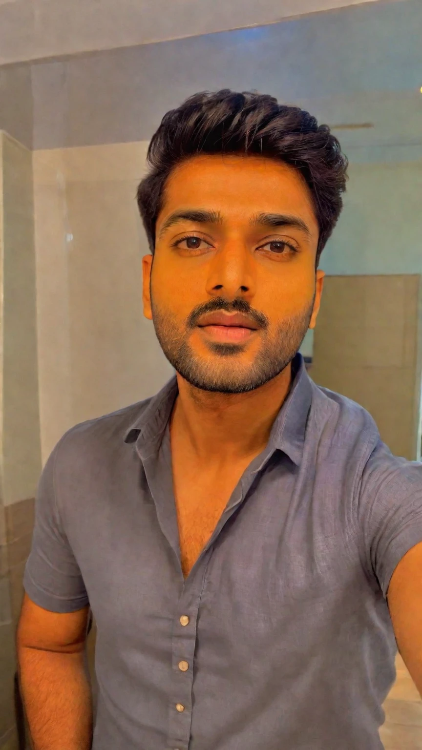there is a man in an orange shirt taking a selfie, with accurate face, portait photo profile picture, very very low quality picture, 8k selfie photograph, vinayak, ayan nag, portrait mode photo, vastayan, face picture, wearing an orange t shirt, front profile!!!!, good looking face, without beard, shot on nikon z9