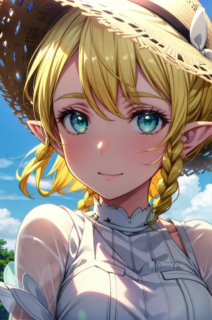 Suguhakirigaya, Suguhakirigaya, Long Hair,Blonde,Green Eyes,Pointy Ears,Short braids,happy smile, smile, Open your mouth,Big Breasts,White straw hat,White sleeveless dress, bare arms,Green long skirt,Cute Sandals,Walking,Clear skies,whole bodyがイラストに入るように,
break outdoors, nature, forest, 
break looking at viewer, whole body,
break (masterpiece:1.2), Highest quality, High resolution, unity 8k wallpaper, (shape:0.8), (Beautiful attention to detail:1.6), Highly detailed face, Perfect lighting, Extremely detailed CG, (Perfect hands, Perfect Anatomy),
