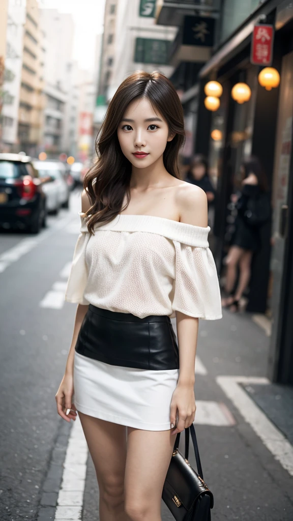Taiwanese women,Female Model,Slim,Good shape,HD, off-shoulder shirts , mini skirt,,high-heels,blond
