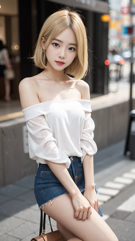Taiwanese women，Female Model，Slim，Good shape，HD， off-shoulder shirts , mini skirt，,high-heels,blond
