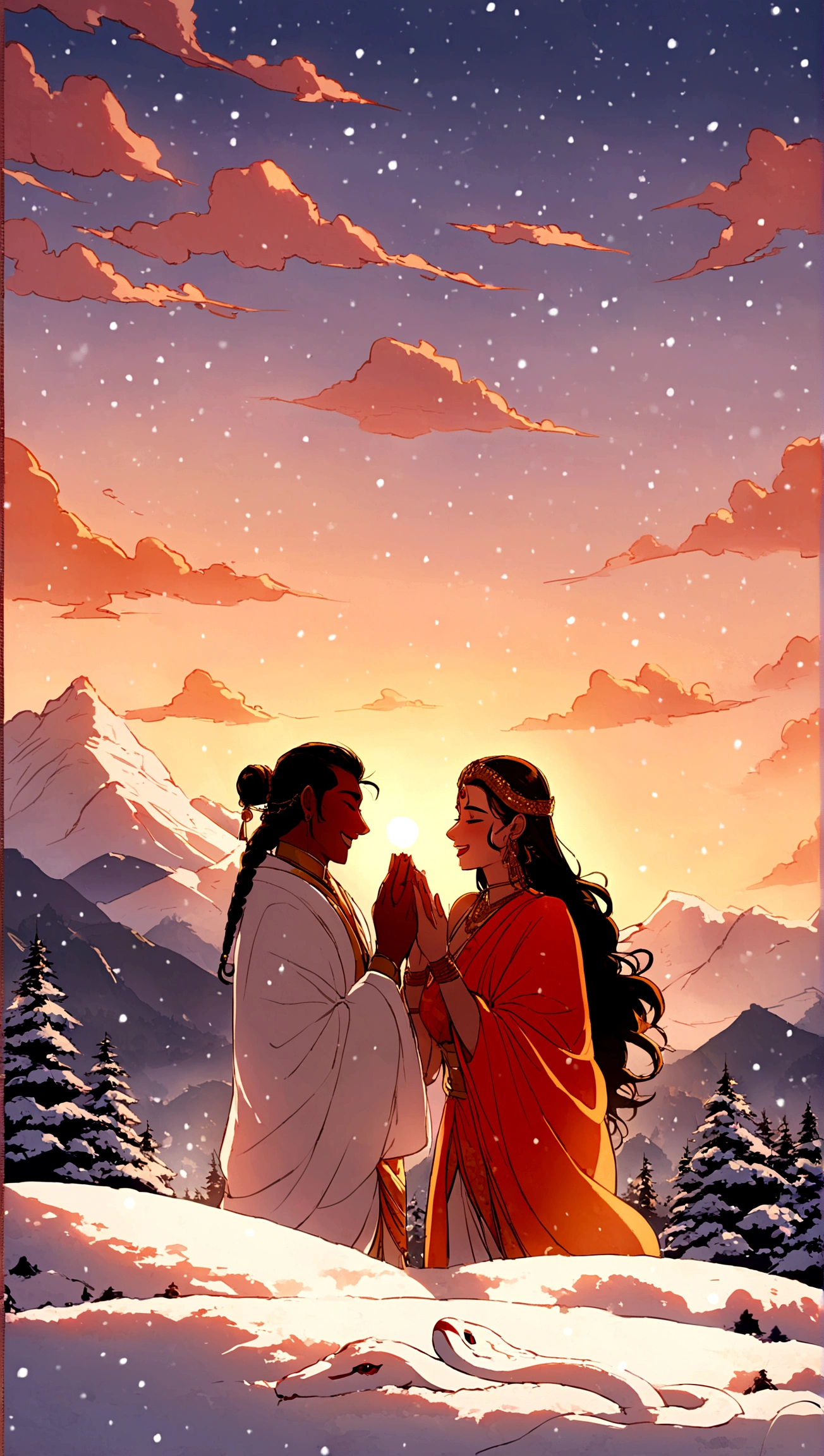 Lord Shiva love lord parvathi Himalayas,sunset,snowfall,trees,god,golden hour,snake,blue,orange,happy, marriage, romantic