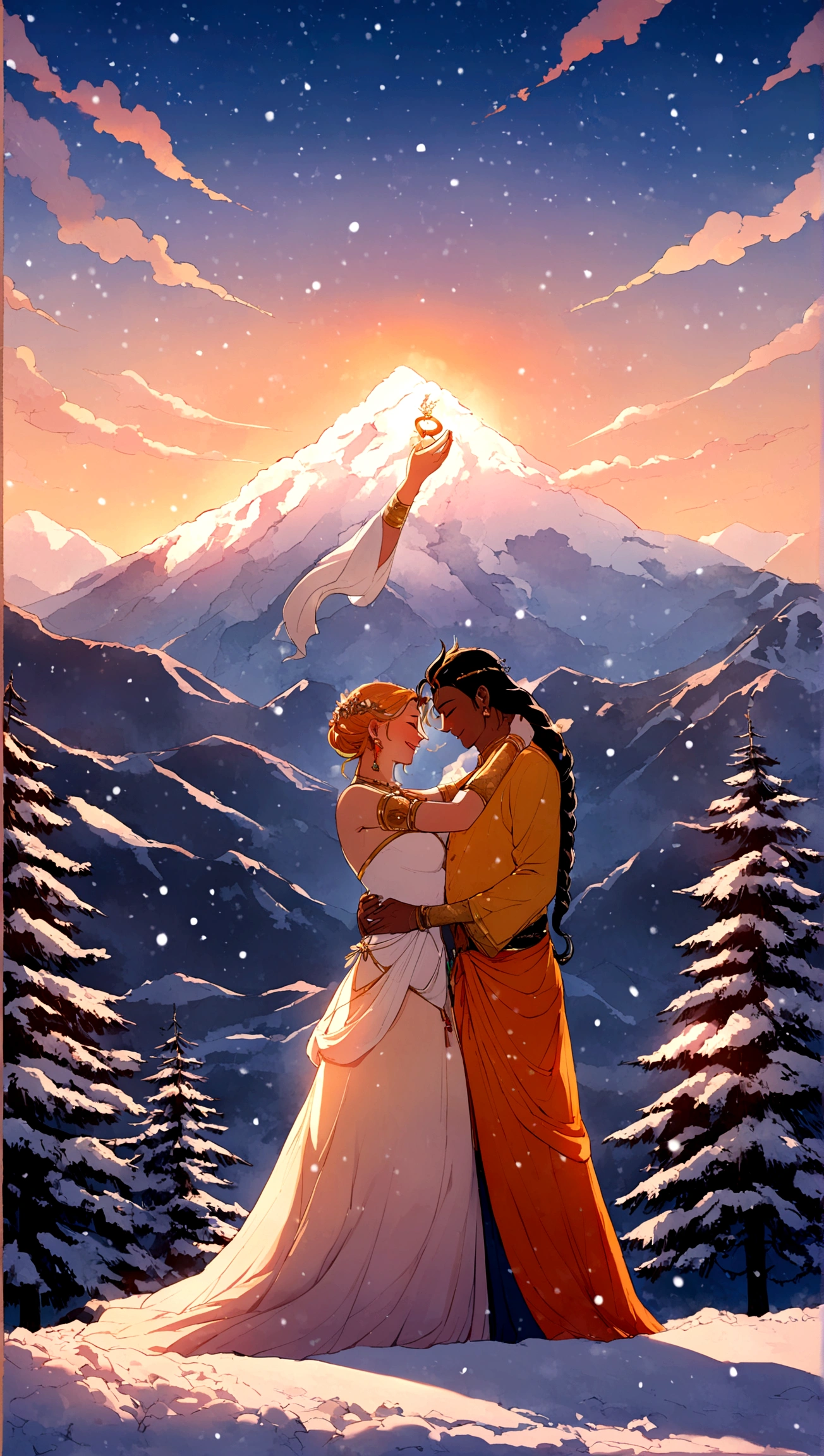 Lord Shiva love lord parvathi Himalayas,sunset,snowfall,trees,god,golden hour,snake,blue,orange,happy, marriage, romantic