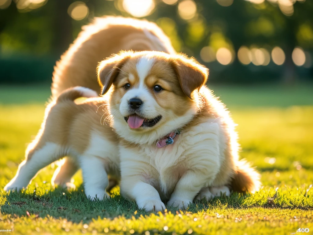 a group of adorable puppies, (best quality,4k,8k,highres,masterpiece:1.2),ultra-detailed,(realistic,photorealistic,photo-realistic:1.37),puppies playing in a grassy field, extremely detailed fur texture, cute puppy faces, big eyes, small noses, tiny pink tongues, puppies tumbling over each other, playful puppy expressions, bright sunny day, lush green grass, flowers blooming, warm golden hour lighting, vibrant colors, (soft lighting,natural lighting:1.2),depth of field, (masterpiece,intricate details:1.25),adorable puppies,cute dogs