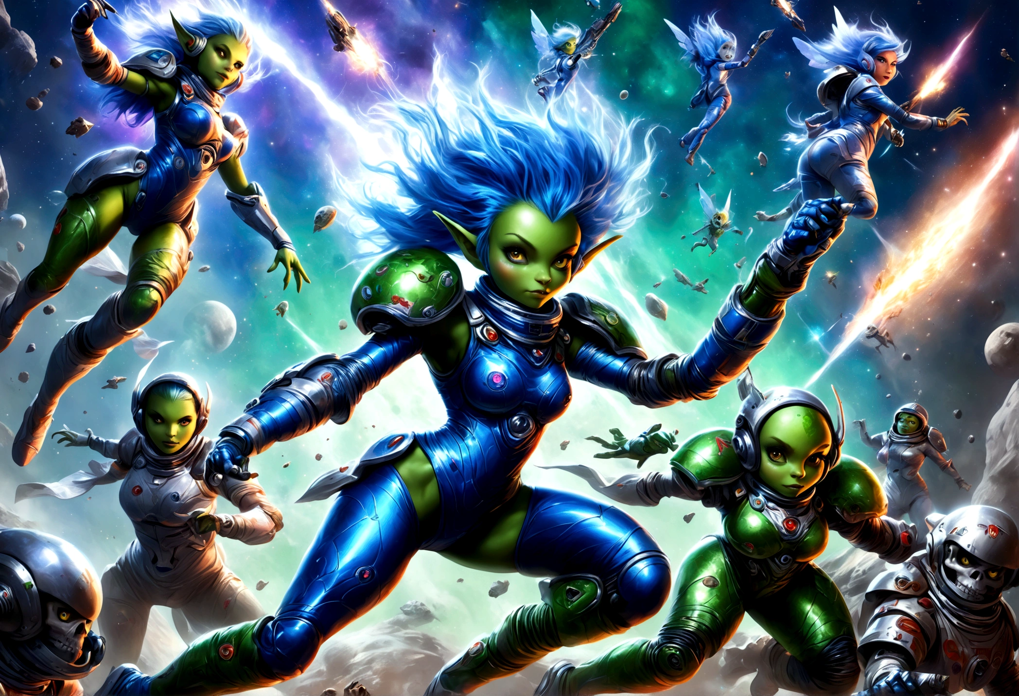 A battle is happening in space. Space fairies (cute women in sparkly blue sexy outfits that leave sparkling magic trails) are shooting lightning at space goblins (hot ugly women, green skin, a little chunky, big tits, wide hips, scrap metal space suits, scrap metal ships, scrap metal weapons, skull insignias) the goblins and fairies are having a epic space battle, magical fight in space
