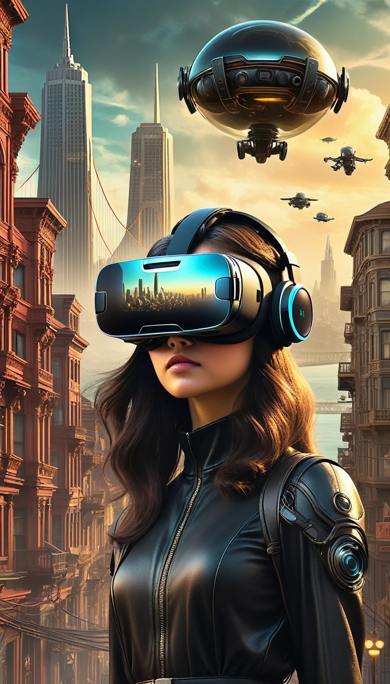 Vintage style avatar of a female teen wearing a high tech VR headset, With an otherworldly San Francisco as a backdrop, A work that combines the complex and evocative forms of HR Giger and Beksiński with Art Gerhelm&#39;s distinctive style., Trending on both cgsociety and artstation, Captured in a breathtaking matte painting style movie poster, Compliance with the golden ratio, With meticulous attention to detail and explosive dynamism、Give off a terrifying aura, Boasting production-grade cinematic character rendering in ultra-high resolution