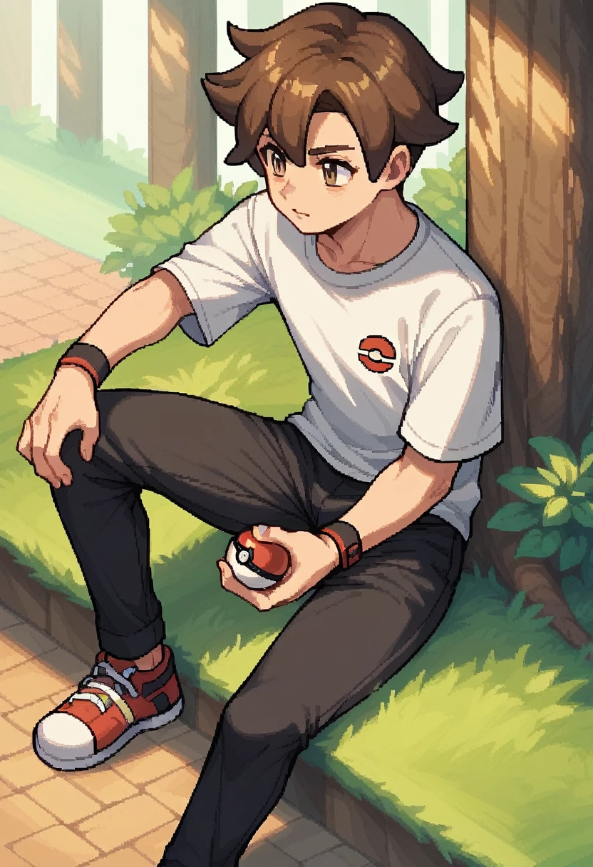 Pokemon trainer sprite, pixel art, sitting, holding a Poké Ball, brown hair, white shirt, black pants