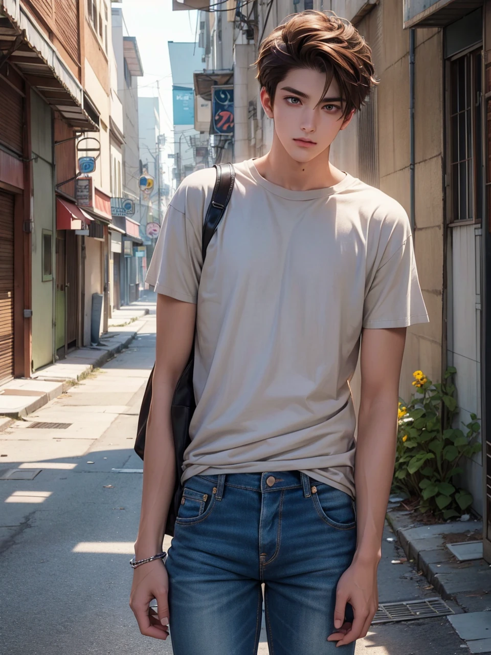 Anime guy, 21 years old, handsome, cuberpunk, neutral expression, with brown hair parted in middle, shoulder lengeth brown hair on right side of face, short brown hair smoothed towards back on the left side of face, yellow eyes, clay grey T-shirt, skinny biker blue jeans, standing in abandoned city street