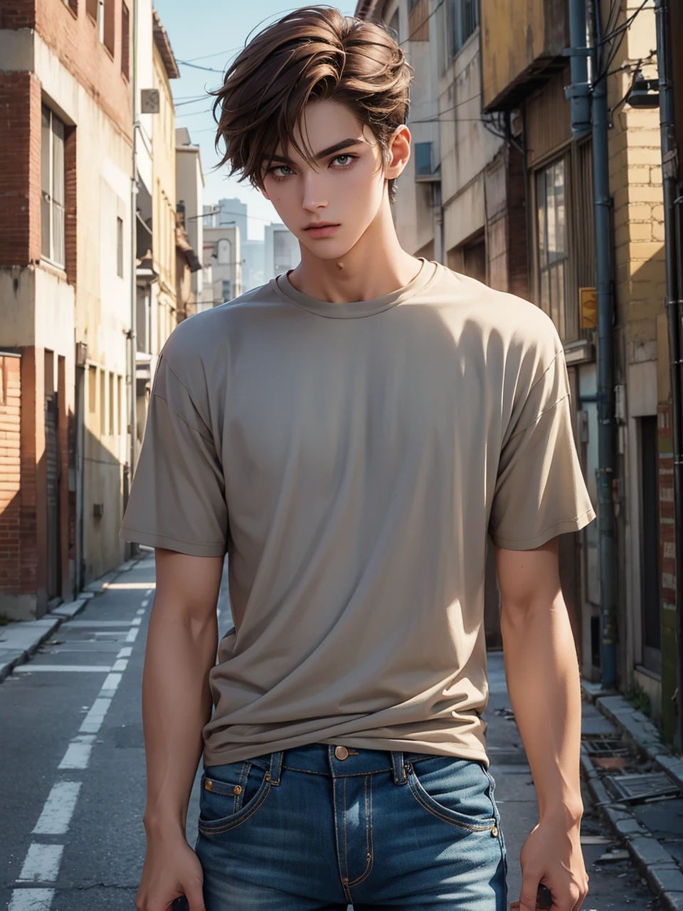 Anime guy, 21 years old, handsome, cuberpunk, neutral expression, with brown hair parted in middle, shoulder lengeth brown hair on right side of face, short brown hair smoothed towards back on the left side of face, yellow eyes, clay grey T-shirt, skinny biker blue jeans, standing in abandoned city street