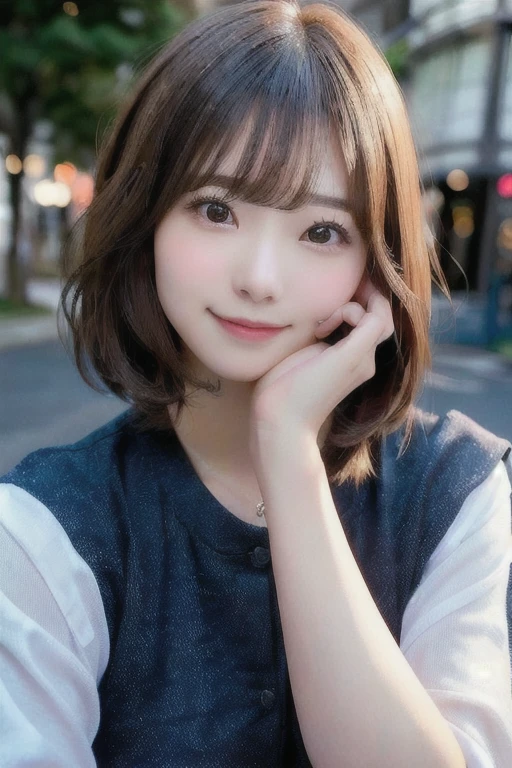 there is a woman that is sitting down with her hand on her chin, with short hair, girl cute-fine-face, beautiful japanese girls face, with cute - fine - face, Chiho, cute natural anime face, 🚿🗝📝, sakimi chan, portrait cute-fine-face, Yoshitomo Nara