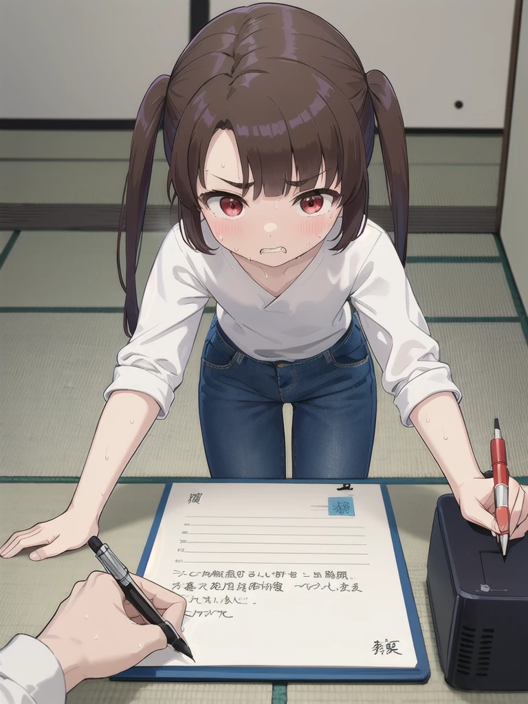 Dilapidated and dark Japanese-style room,blue sky,cloud,On the tatami_Leaning forward while sitting upright,Near your desktop PC,indoor,1 Girl, 独奏, Red eyes, Twin tails, brown hair,crawling,((顔 focus)),upper body,White shirt,Blue denim pants, bangs, eyebrows visible through hair, Flat Chest,Look Down,teeth ,annoyed,panicking,((Write on loose-leaf paper with a pen)),((Sweat)),
