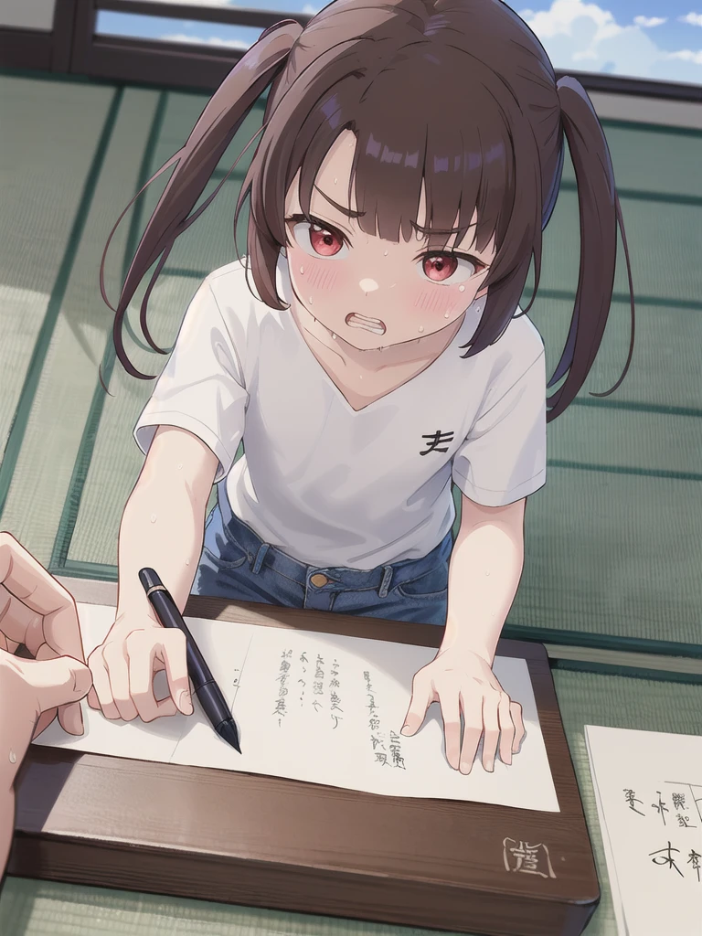 Dilapidated and dark Japanese-style room,blue sky,cloud,On the tatami_Leaning forward while sitting upright,Near your desktop PC,indoor,1 Girl, 独奏, Red eyes, Twin tails, brown hair,crawling,((顔 focus)),upper body,White shirt,Blue denim pants, bangs, eyebrows visible through hair, Flat Chest,Look Down,teeth ,annoyed,panicking,((Write on loose-leaf paper with a pen)),((Sweat)),