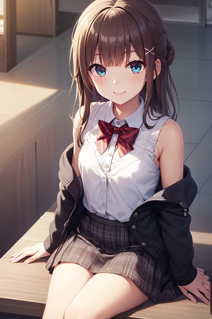 detectivelunch break, Smile, Long hair, Bangs, Red Eyes, shirt, Hair accessories, Long sleeve, skirt, bow, White hair, hairpin, blunt Bangs, bowtie, red bow, x Hair accessories, red bowtie, lunch break, (Medium chest:1.2), rest looking at viewer, rest outside, rest (masterpiece:1.2), best quality, high resolution, Unity 8k wallpaper, (illustration:0.8), (Beautiful and delicate eyes:1.6), Extremely detailed face, Perfect lighting, Extremely detailed CG, (Perfect hands, Perfect anatomical structure),