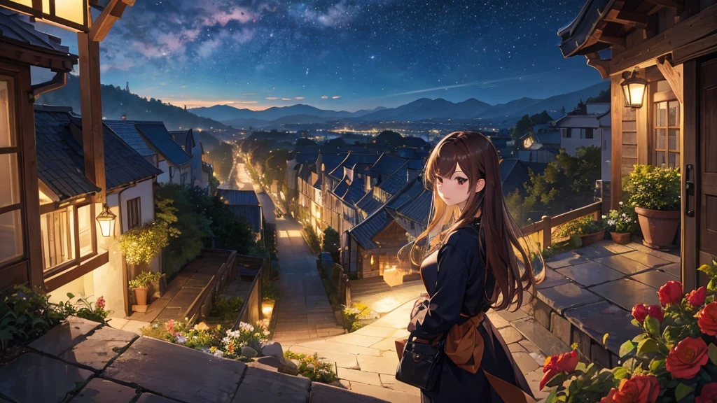 masterpiece,Highest quality,One girl,Hair color is brown,semi-long, Kind eyes,Gradient Hair,countryside,Cityscape,Flowers and plants,night空,scenery,night,Light perception