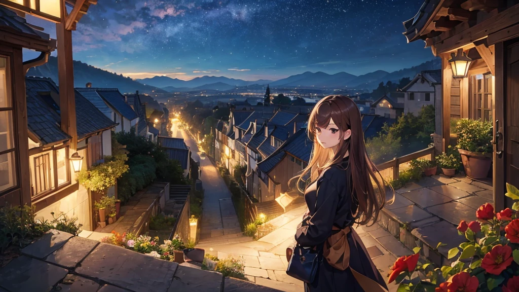 masterpiece,Highest quality,One girl,Hair color is brown，semi-long, Kind eyes，Gradient Hair,countryside,Cityscape,Flowers and plants,night空,scenery,night,Light perception
