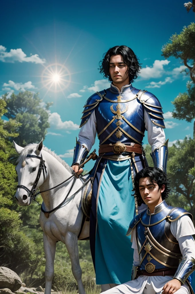 Capture of the knights of the zodiac, Make a Virgo feminine gentleman who is half black haired and half black haired, May your eyes be blue and you find yourself meditating