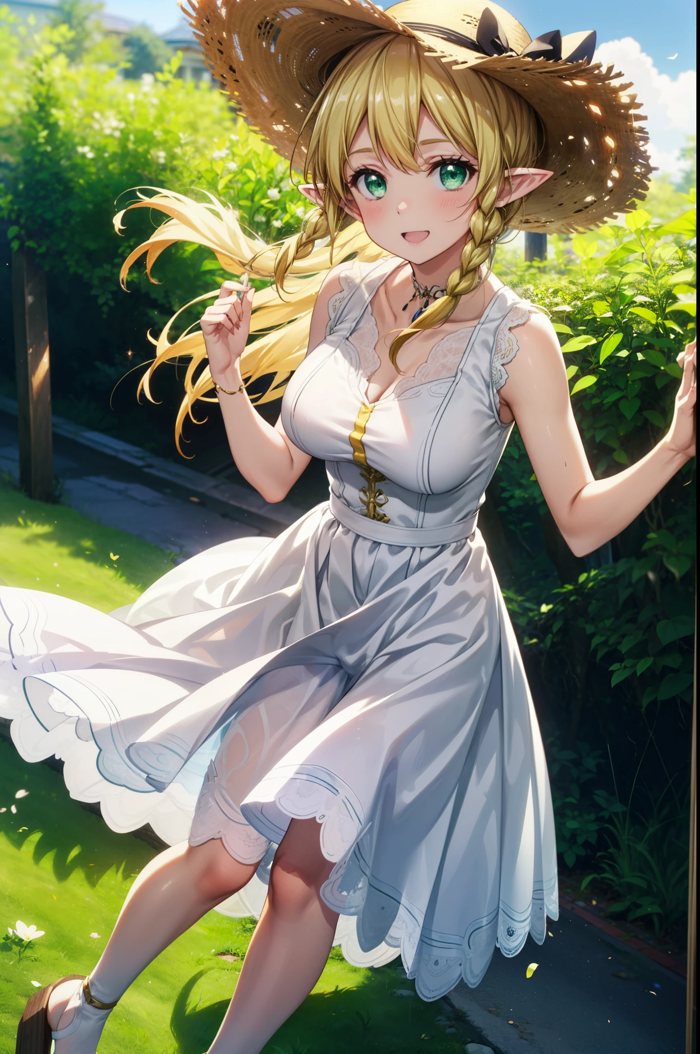 Suguhakirigaya, Suguhakirigaya, Long Hair,Blonde,Green Eyes,Pointy Ears,Short braids,happy smile, smile, Open your mouth,Big Breasts,White straw hat,White sleeveless dress, bare arms,Green long skirt,Cute Sandals,Walking,Clear skies,whole bodyがイラストに入るように,
break outdoors, nature, forest, 
break looking at viewer, whole body,
break (masterpiece:1.2), Highest quality, High resolution, unity 8k wallpaper, (shape:0.8), (Beautiful attention to detail:1.6), Highly detailed face, Perfect lighting, Extremely detailed CG, (Perfect hands, Perfect Anatomy),