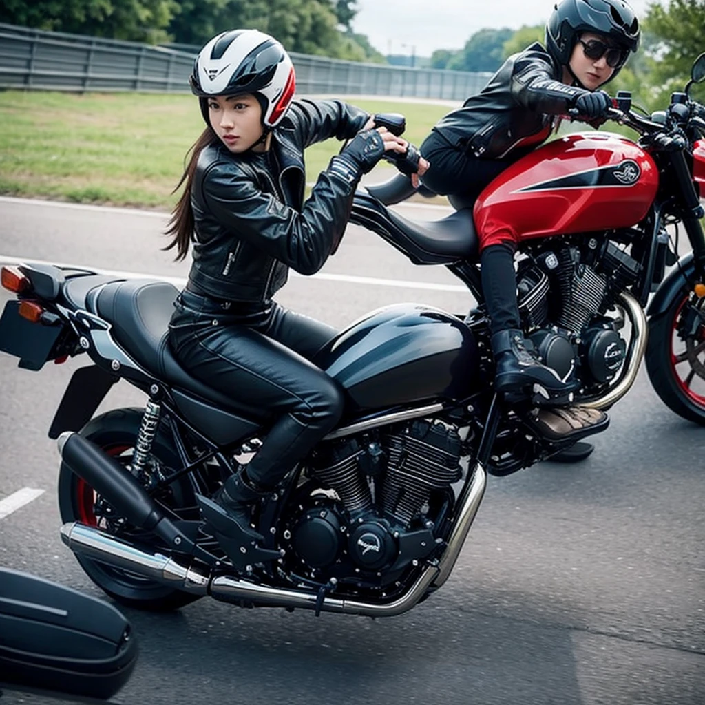 One motorcycle、Riders' wear、parking、(Highest quality)、((Very detailed))、4K、(8K)、masterpiece、Very detailedな、Highest quality、Super Resolution、1 person、Kind Face、Soft Light、RAW quality、Soft Skin、163cm、30 years old、Long Hair