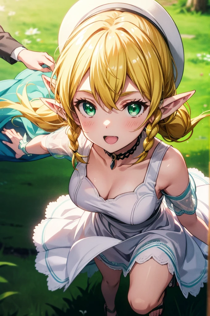 Suguhakirigaya, Suguhakirigaya, Long Hair,Blonde,Green Eyes,Pointy Ears,Short braids,happy smile, smile, Open your mouth,Big Breasts,White straw hat,White sleeveless dress, bare arms,Green long skirt,Cute Sandals,Walking,Clear skies,whole bodyがイラストに入るように,
break outdoors, nature, forest,
break looking at viewer, whole body,
break (masterpiece:1.2), Highest quality, High resolution, unity 8k wallpaper, (shape:0.8), (Beautiful attention to detail:1.6), Highly detailed face, Perfect lighting, Extremely detailed CG, (Perfect hands, Perfect Anatomy),