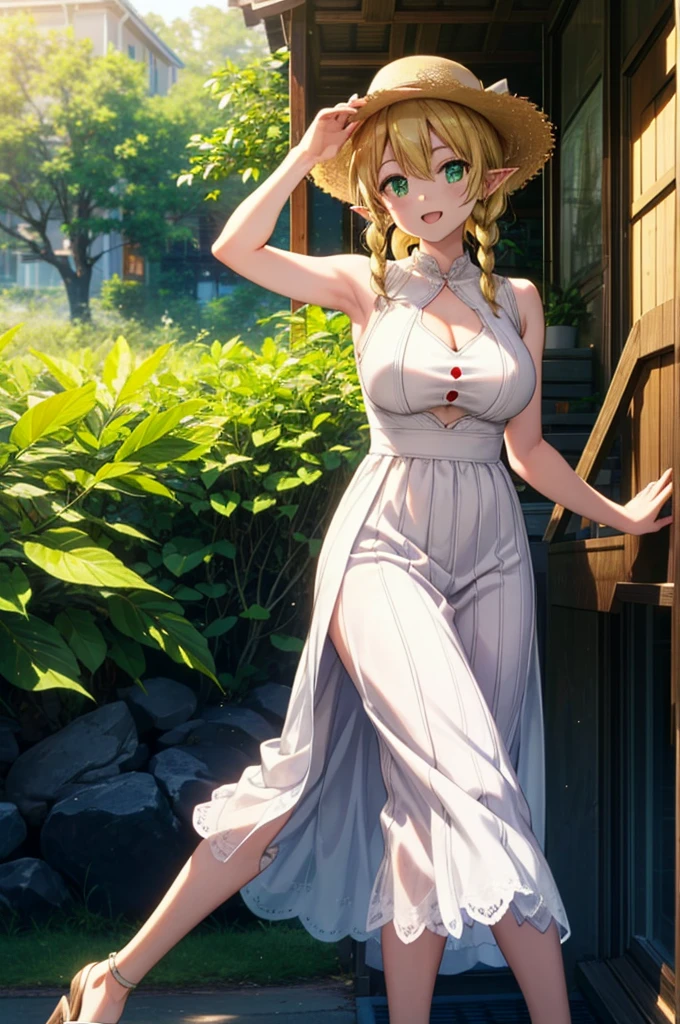 Suguhakirigaya, Suguhakirigaya, Long Hair,Blonde,Green Eyes,Pointy Ears,Short braids,happy smile, smile, Open your mouth,Big Breasts,White straw hat,White sleeveless dress, bare arms,Green long skirt,Cute Sandals,Walking,Clear skies,whole bodyがイラストに入るように,
break outdoors, nature, forest, 
break looking at viewer, whole body,
break (masterpiece:1.2), Highest quality, High resolution, unity 8k wallpaper, (shape:0.8), (Beautiful attention to detail:1.6), Highly detailed face, Perfect lighting, Extremely detailed CG, (Perfect hands, Perfect Anatomy),