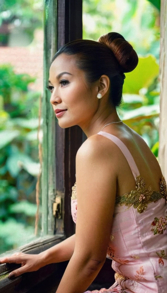 A shot taken from (((outside the window))) of a beautiful young asian woman in the 1970s, with her hair tied in a low hair bun and traditional Indonesian kebaya, the woman is sitting inside a window looking out through the window, the glass of the window is somewhat tarnished and dirty at the edges, the woman is looking straight at the camera with a lost look and a slight smile, (((the shot was taken from the outside of the house))), full color with a cinematographic lighting, high definition professional photography style ,photorealistic